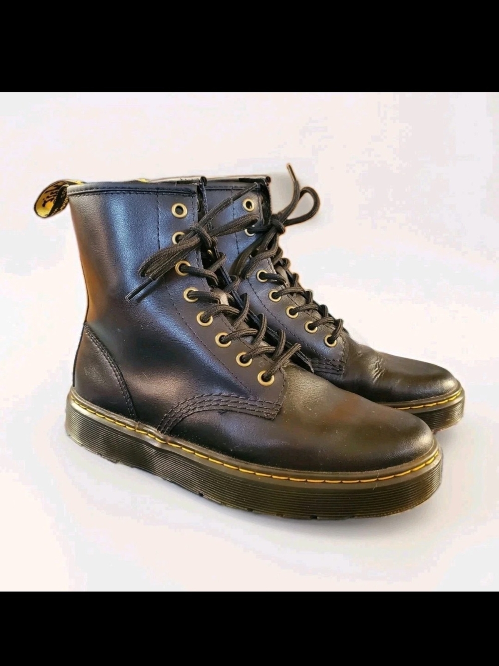 Dr. Martens Black Leather Lace-Up Ankle Boots with Yellow Stitching